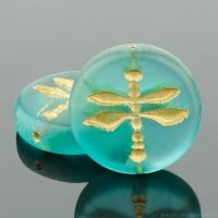 Pressed Coin with Dragonfly (18mm) Aqua Blue Transparent Matte with Gold Wash