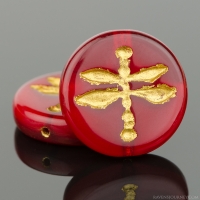 Pressed Coin with Dragonfly (18mm) Red Opaline with Gold Wash