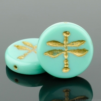 Pressed Coin with Dragonfly (18mm) Turquoise Opaque with Gold Wash