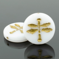 Pressed Coin with Dragonfly (18mm) White Opaque with Gold Wash