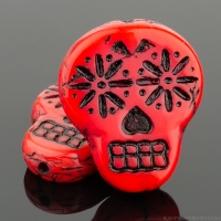 Sugar Skull (20x17mm) Coral Red Opaque with Black Wash