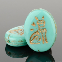 Oval with Egyptian Cat (16x12mm) Turquoise Opaque with Dark Bronze Wash