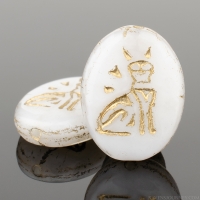Oval with Egyptian Cat (16x12mm) White Silk with Gold Wash
