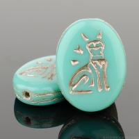 Oval with Egyptian Cat (16x12mm) Turquoise Opaque with Platinum Wash