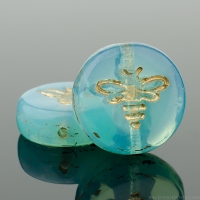 Pressed Coin with Bee (12mm) Aqua Blue Vaseline Opaline with Gold Wash