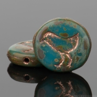 Coin with Bird (12mm) Turquoise Opaque with Picasso Finish and Copper Wash