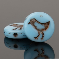 Coin with Bird (12mm) Turquoise Sky Blue Opaque with Dark Bronze Wash