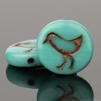 Coin with Bird (12mm) Turquoise Green Opaque with Dark Bronze Wash