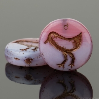 Coin with Bird (12mm) Pink and Lilac Opaline Mix with Dark Bronze Wash