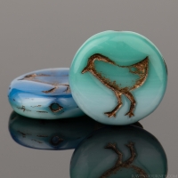 Coin with Bird (12mm) Turquoise, Aqua, and Cream Opaque Mix with Dark Bronze Wash