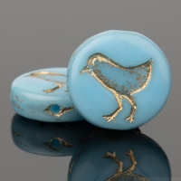 Coin with Bird (12mm) Turquoise Sky Blue Opaque with Gold Wash