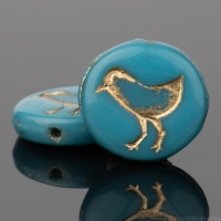 Coin with Bird (12mm) Turquoise Blue Opaque with Gold Wash