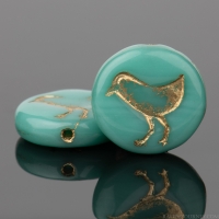 Coin with Bird (12mm) Turquoise Green Opaque with Gold Wash