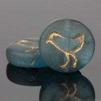 Coin with Bird (12mm) Montana Blue Transparent Matte with Gold Wash, 9 Strands of 15 Beads per Unit  *Last Unit Remaining*