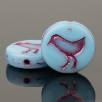 Coin with Bird (12mm) Turquoise Sky Blue Opaque with Pink Wash