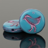 Coin with Bird (12mm) Turquoise Blue Opaque with Pink Wash