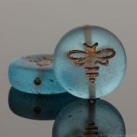Pressed Coin with Bee (12mm) Capri Blue Transparent Matte with Dark Bronze Wash