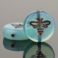 Pressed Coin with Bee (12mm) Aqua Blue Vaseline Opaline with Dark Bronze Wash