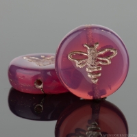 Pressed Coin with Bee (12mm) Pink Opaline with Platinum Wash