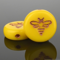 Pressed Coin with Bee (12mm) Yellow Opaque with Copper Wash