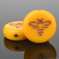 Pressed Coin with Bee (12mm) Marigold Yellow Opaque with Copper Wash