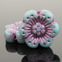 Wild Rose (14mm) Turquoise Opaque with Metallic Pink Wash
