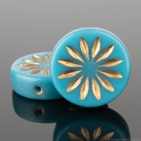 Coin with Aster (12mm) Blue Turquoise Opaque with Gold Wash