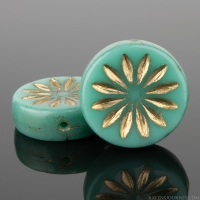 Coin with Aster (12mm) Green Turquoise Opaque with Gold Wash