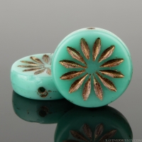 Coin with Aster (12mm) Green Turquoise Opaque with Dark Bronze Wash