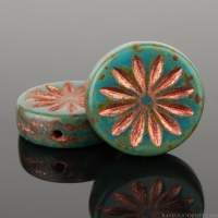 Coin with Aster (12mm) Teal Turquoise Opaque with Picasso Finish and Copper Wash