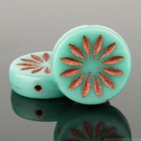 Coin with Aster (12mm) Green Turquoise Opaque with Copper Wash