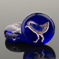 Coin with Bird (12mm) Cobalt Blue Transparent with Platinum Wash