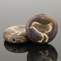 Coin with Bird (12mm) Brown and Blue Opaque Mix with Metallic Satin Patina and Gold Wash