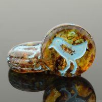 Coin with Bird (12mm) Amber Transparent with Picasso Finish and Turquoise Wash