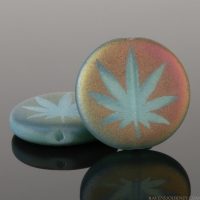 Coin (17mm) Aqua Blue Opaline (Vaseline) Matte with Rainbow Finish and Laser Itched Cannabis Leaf Design