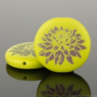 Coin (17mm) Gaspeite Green Opaque Matte with Rainbow Finish and Laser Etched Dahlia Design