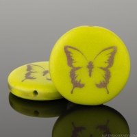 Coin (17mm) Gaspeite Green Opaque Matte with Rainbow Finish and Laser Etched Butterfly Design