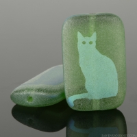 Rectangle (19x12mm) Tourmaline Green Transparent Matte with Aurora Borealis Finish and Laser Etched Cat Design