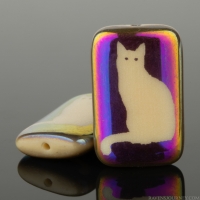 Rectangle (19x12mm) Ivory Opaque with Rainbow Finish and Laser Etched Cat Design