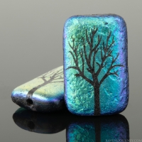 Rectangle (19x12mm) Jet Black Opaque Acid Etched with Aurora Borealis Finish and Laser Etched Tree Design