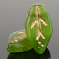 Small Leaf (10x6mm) Kelly Green Opaque and Olivine Green Transparent Mix with Gold Wash