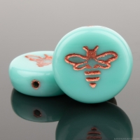 Pressed Coin with Bee (12mm) Turquoise Opaque with Copper Wash