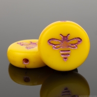 Pressed Coin with Bee (12mm) Marigold Yellow Opaque with Pink Wash