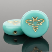 Pressed Coin with Bee (12mm) Turquoise Opaque with Gold Wash