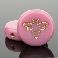 Pressed Coin with Bee (12mm) Pink Silk with Gold Wash