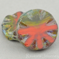 Large Flower Coin (18mm) Olive Orange Mix Opaline Transparent with Picasso