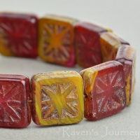 Square with Star (11mm) Red Yellow Mix Opaque Opaline with Picasso