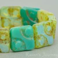 Yin Yang Square (11mm) Mixed Beads Turquoise and Green Opaline Opaque with Picasso