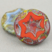 Scalloped Coin with Star (16mm) Mixed Beads Red, Grey, and Brown Silk Opaque with Picasso