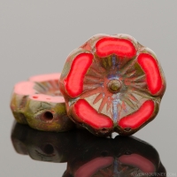 Hibiscus Flower (12mm) Red Coral Opaque with Picasso Finish *Last Unit Remaining* 66 Loose Beads per Unit